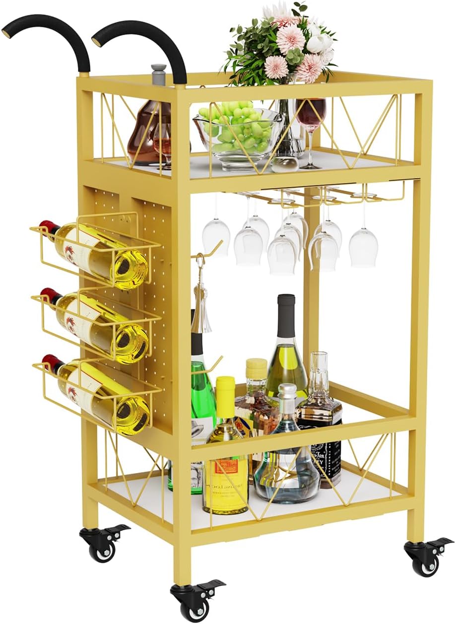 Starxing Drinks Trolley for Home, 4 Lockable Wheels Serving Trolley with Handles, Have Wine Rack and Glass Holder Serving Trolley for Kitchen Party Dining Room, Gold