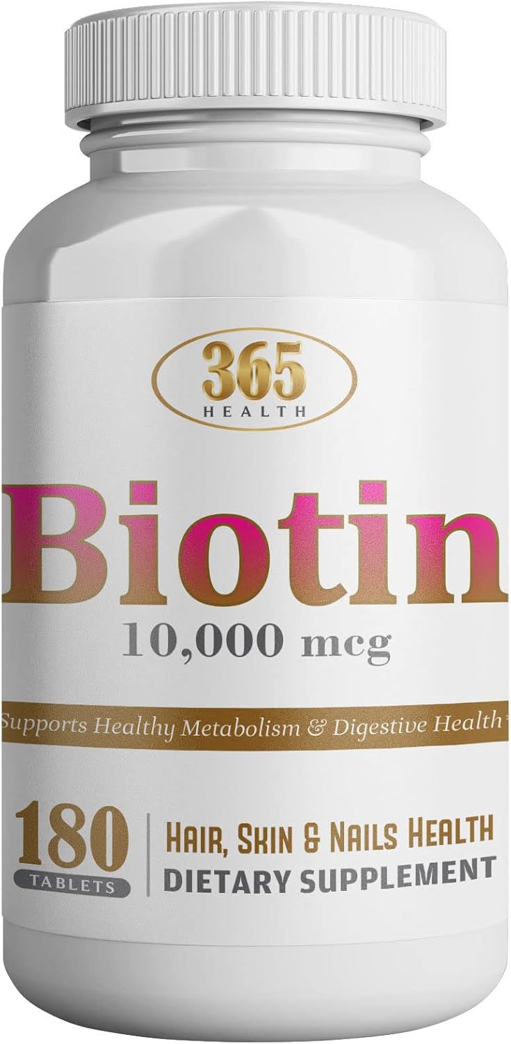 365 Health Extra Strength Biotin 10,000 mcg (Vitamin B7) 180 Count Tablets - Biotin Supplements for Healthy Hair Skin & Nails for Adults