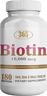 365 Health Extra Strength Biotin 10,000 mcg (Vitamin B7) 180 Count Tablets - Biotin Supplements for Healthy Hair Skin & Nails for Adults