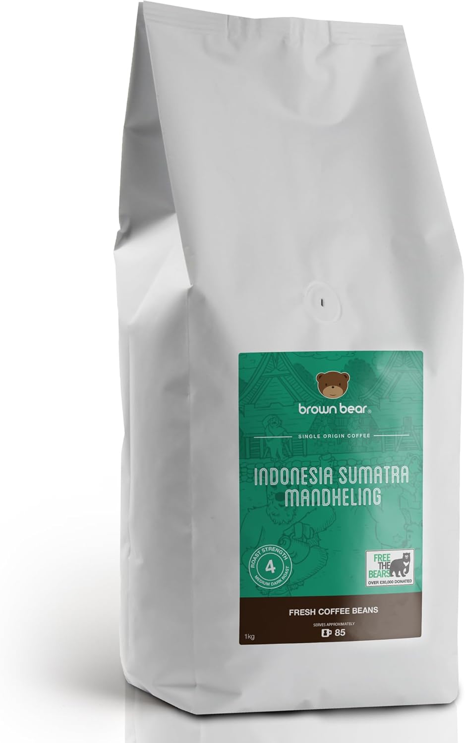 Indonesian Medium Dark Roast Strong Coffee Beans 1kg – Brown Bear Indonesia Sumatra Mandheling – Strength 4 – For All Espresso Coffee Machines – Donation to Free The Bears