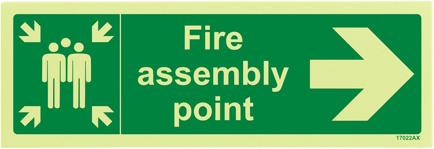 V Safety Fire Assembly Point Arrow Right 300 x 100 mm - Glow In The Dark Self Adhesive Vinyl Safety Sign