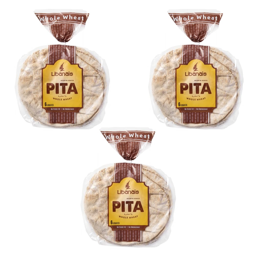 Libanais 10" Whole Wheat Traditional Lebanese Pita Bread, Vegan, Kosher, Halal, 3 Pack, 6 loaves per pack (18 Pitas). Freshly Baked Daily!