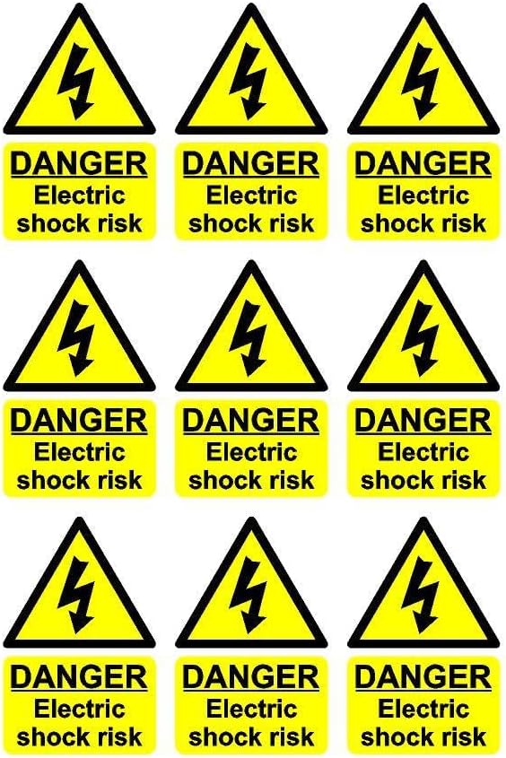 Danger electric shock risk safety sign - Pack of 9 100mm x 66mm Self adhesive stickers - Self adhesive stickers on sheet (300mm x 200mm)