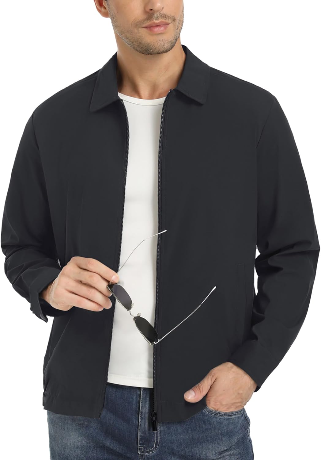 EKLENTSON Bomber Jacket Men Lightweight Water Resistant Jacket Casual Laydown Collar Spring Fall Windbreaker with Multi Pockets