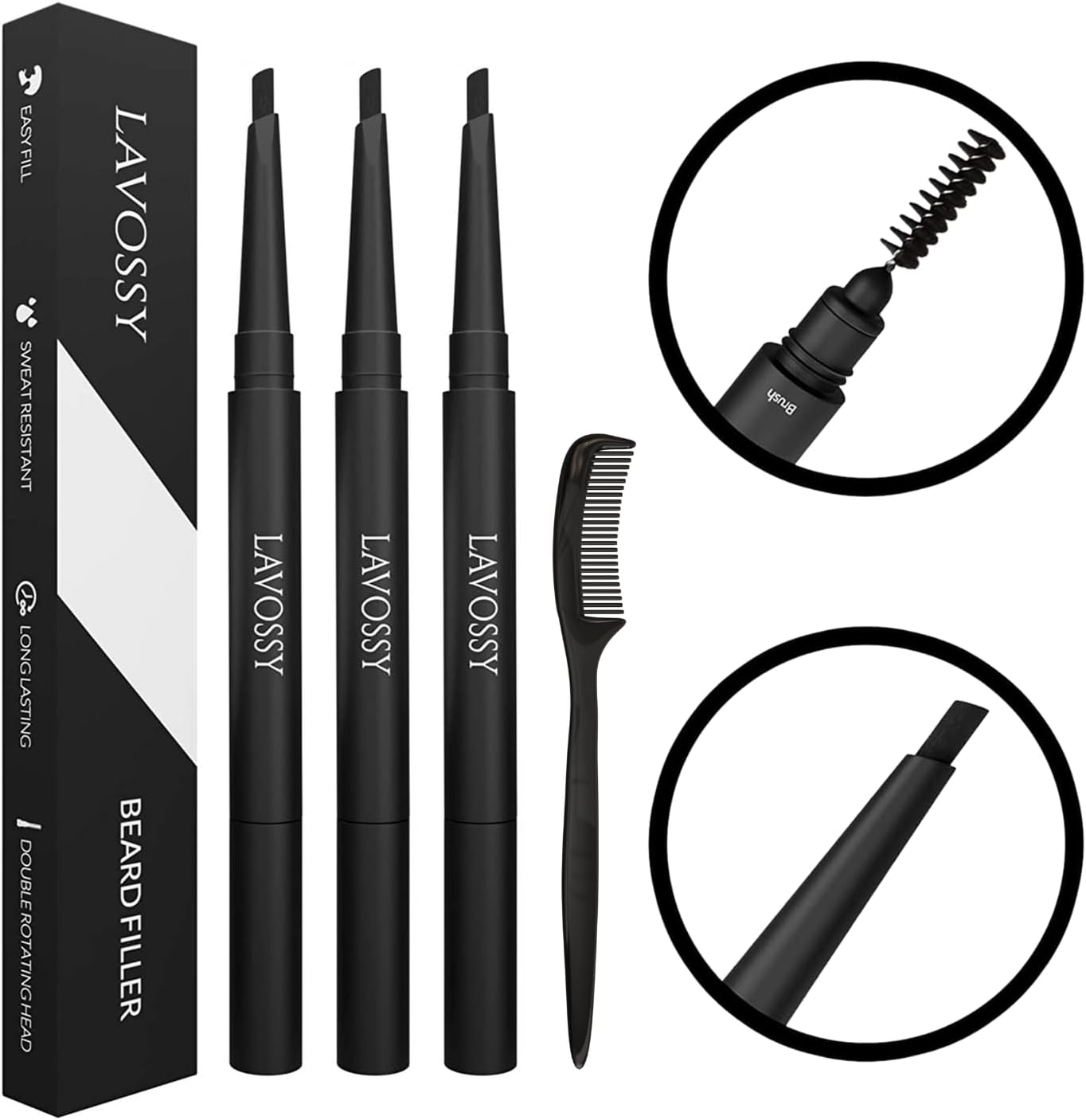 LAVOSSY Void Beard Dye Dark Brown (Set of 3) with Blending Brush, Easily Fill with beard pencil filler for men, Water/Sweat Proof for All Hair Types