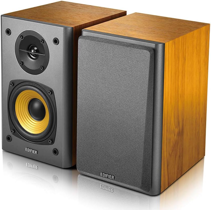 Edifier R1000T4 Active Bookshelf Speakers 2.0, 24W RMS, 4″ Mid-Bass & 0.5″ Tweeters, Dual RCA & 3.5 mm AUX Inputs, Tone & Volume Knobs, Pair, Wood Grain
