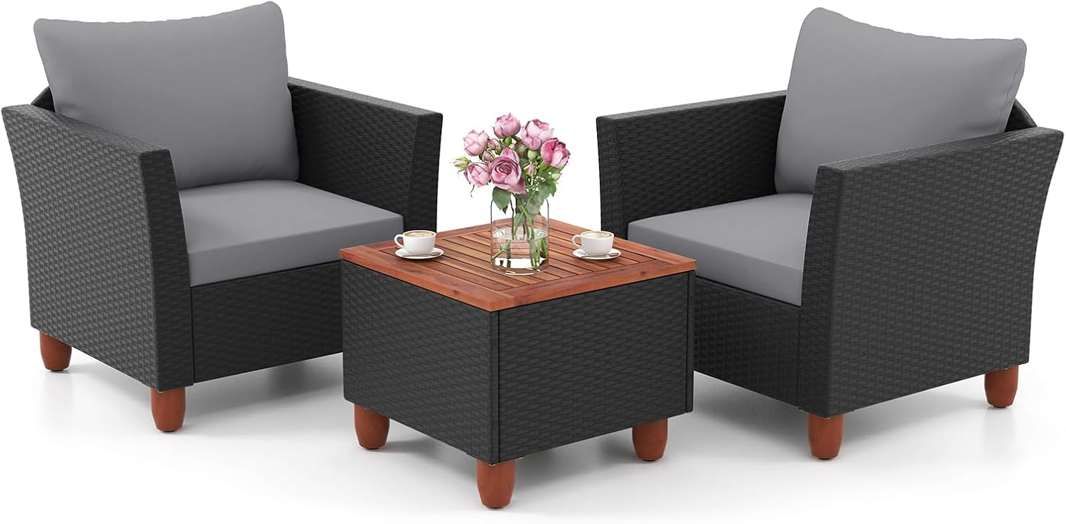 ORALNER 3 Pieces Patio Furniture Set, Outdoor Wicker Conversation Chairs with Cushion, Acacia Coffee Table, Rattan Bistro Set for Balcony Garden Backyard Front Porch Poolside (Grey)