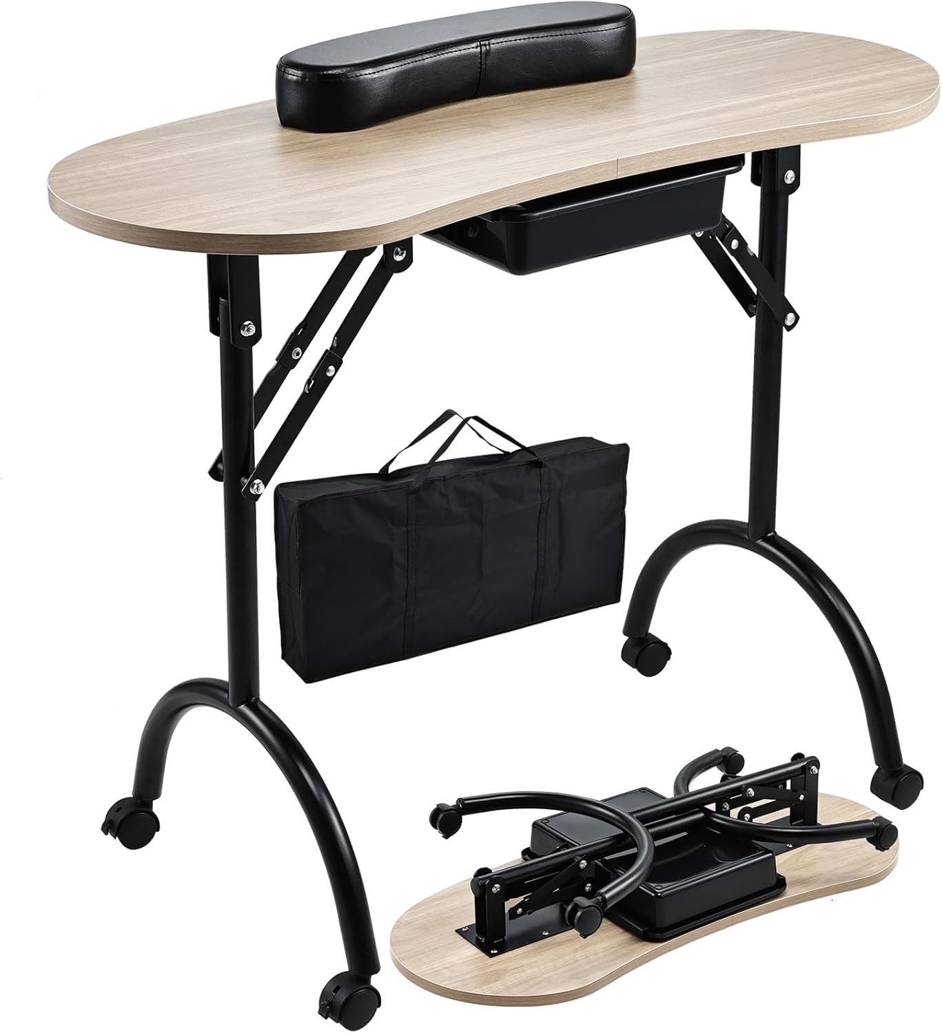 Joligrace Professional Foldable & Portable Manicure Table Nail Technician Desk Workstation 4 Lockable Wheels with Drawer Client Wrist Pad Free Carrying Bag Travel Nail Tech Spa Beauty Table Wooden