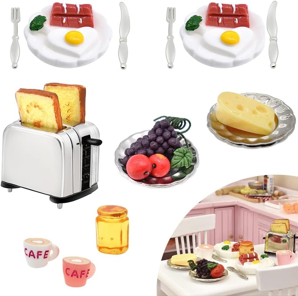 iLAND Miniature Dollhouse Accessories of Dollhouse Kitchen, Miniature Food (Lover Breakfast 16pcs A)