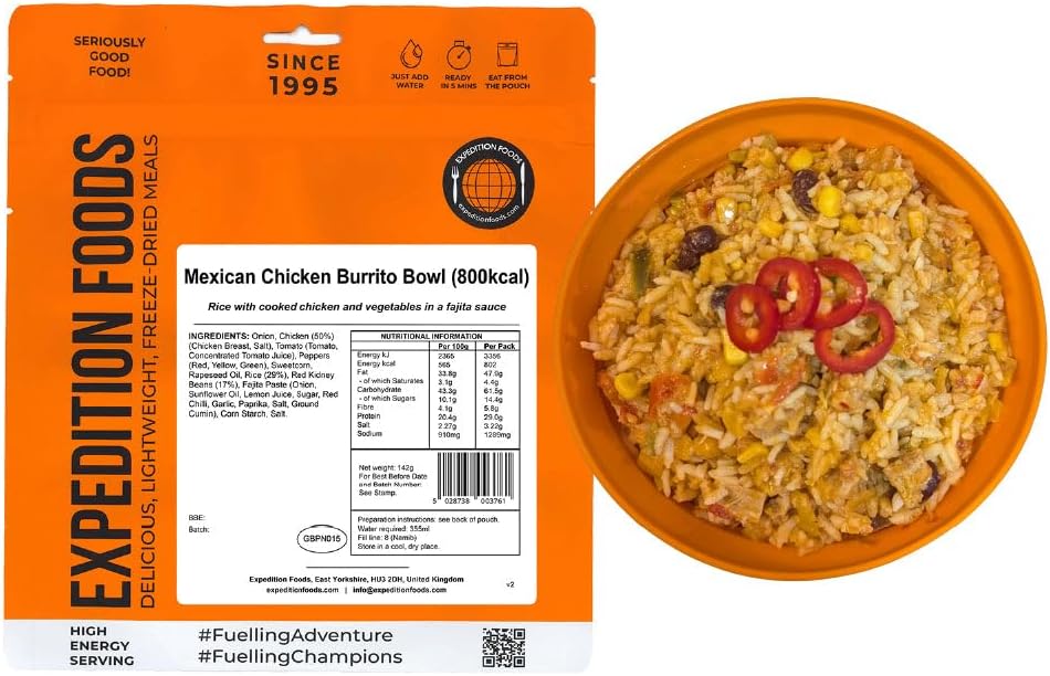 EXPEDITION FOODS Mexican Chicken Burrito Bowl (High Energy Serving / 800KCAL) | Freeze-Dried Camping & Hiking Food