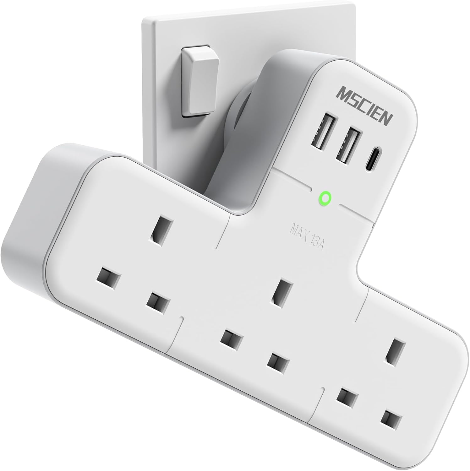 Mscien Multi Plug Adaptor, 6 in 1 Plug Extension Socket 3 Way 3 USB(3.4A,1 Type-C), Wall Socket UK Power Strip with 315 Degree Rotation, Plug Adapter Surge Protected Extender For Home Office