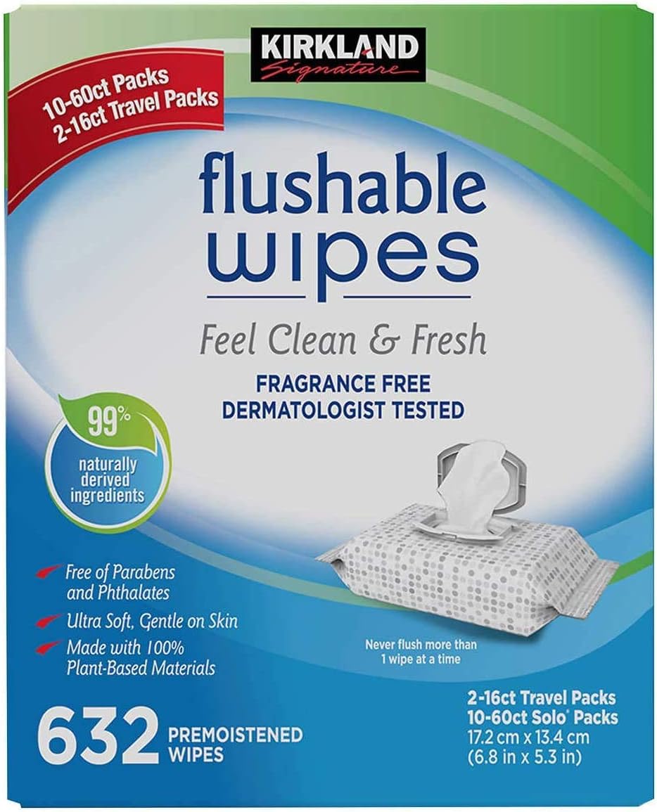 Genuine Kirkland Moist Flushable 632 Wipes Includes 2 Travel Packs