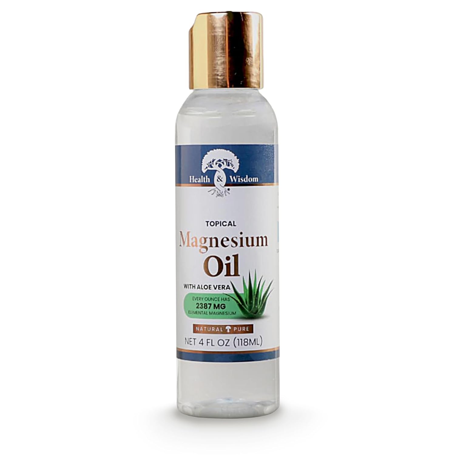 Health and Wisdom Topical Magnesium Oil with Aloe Vera - Pure Magnesium Oil, Magnesium Oil for Feet, Transdermal Magnesium Oil for Bath, Magnesium Massage Oil, Magnesium Chloride Oil - 4 Fl Oz