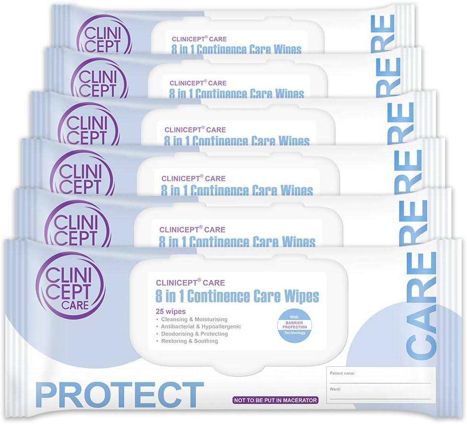 Clinicept Care 8-in-1 Incontinence Wipes - pH Balanced, Alcohol Free, NHS Approved, Incontinence cloths, Soothes and Moisturises for Adult Patient care. (6 Packs of 25, 150 Wipes)