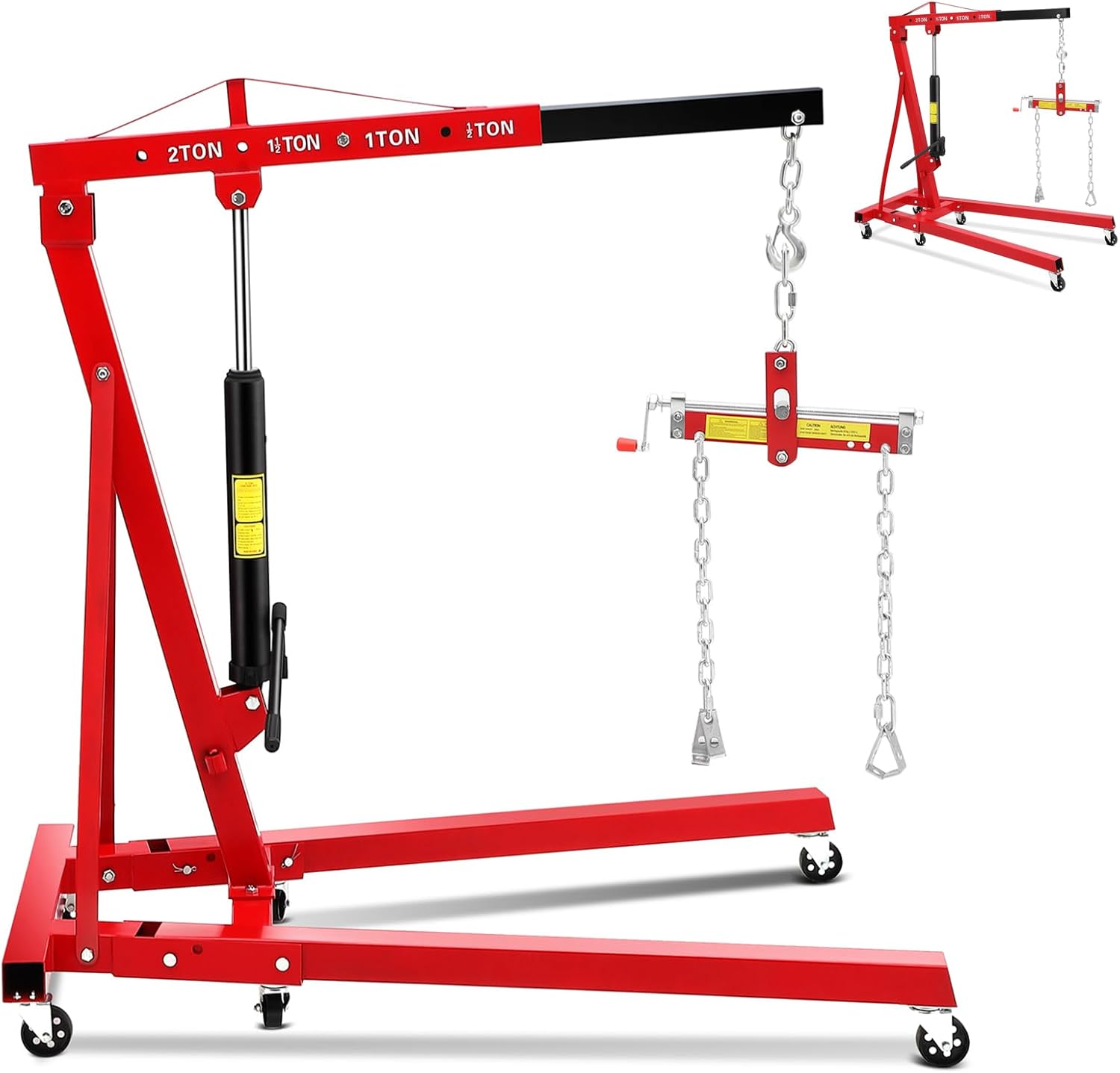 4400 LBS Folding Engine Hoist With Leveler Stabilizer, 2 Ton Hydraulic Cherry Picker Engine Crane With 6 Swivel Casters & Telescopic Boom Hitch for Garage, Workshop, Factory & Warehouses