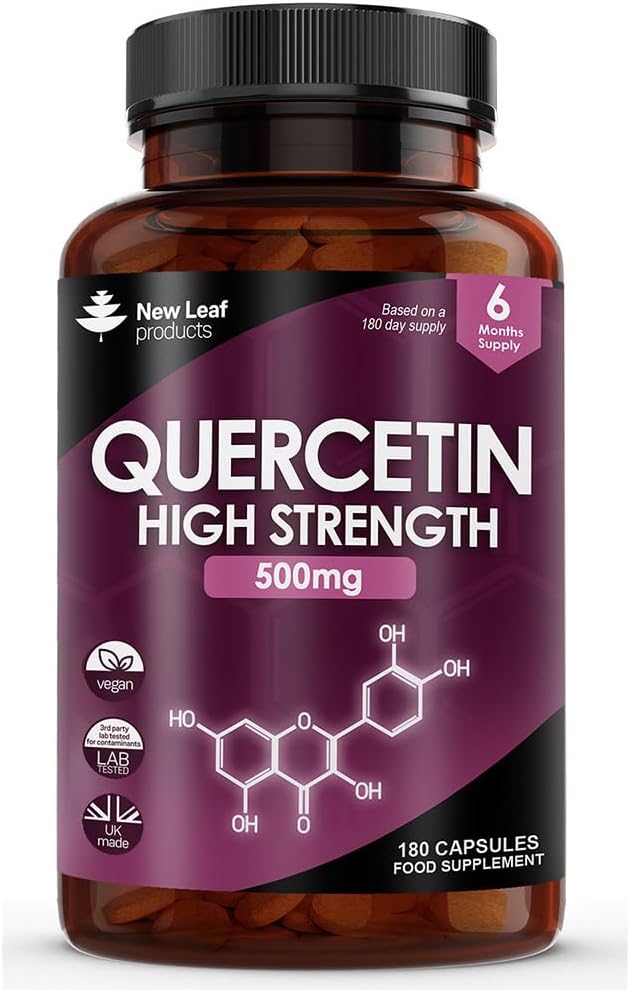 Quercetin 500mg High Strength Antioxidant Supplements (6 Months Supply) 180 Vegan Pure Quercetin Capsules Easy to Swallow - One A Day - Gluten Free & Non-GMO, Made in UK by New Leaf