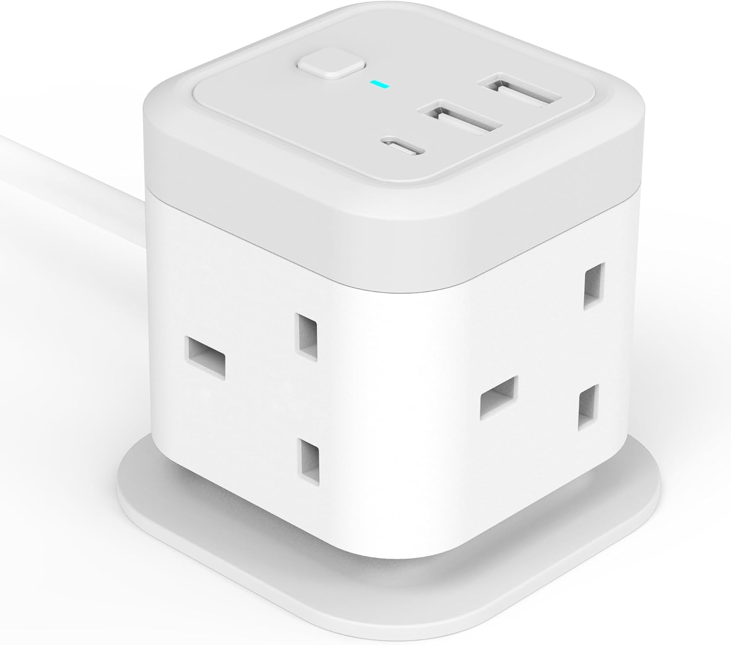 Cube Extension Lead with USB Slots, 4 Way Multi Plug with 2 USB A and 1 USB C Ports, UK Power Strip Surge Protected Extension Tower with Switch and 1.5M Cable Cord for Home, Kitchen, Office