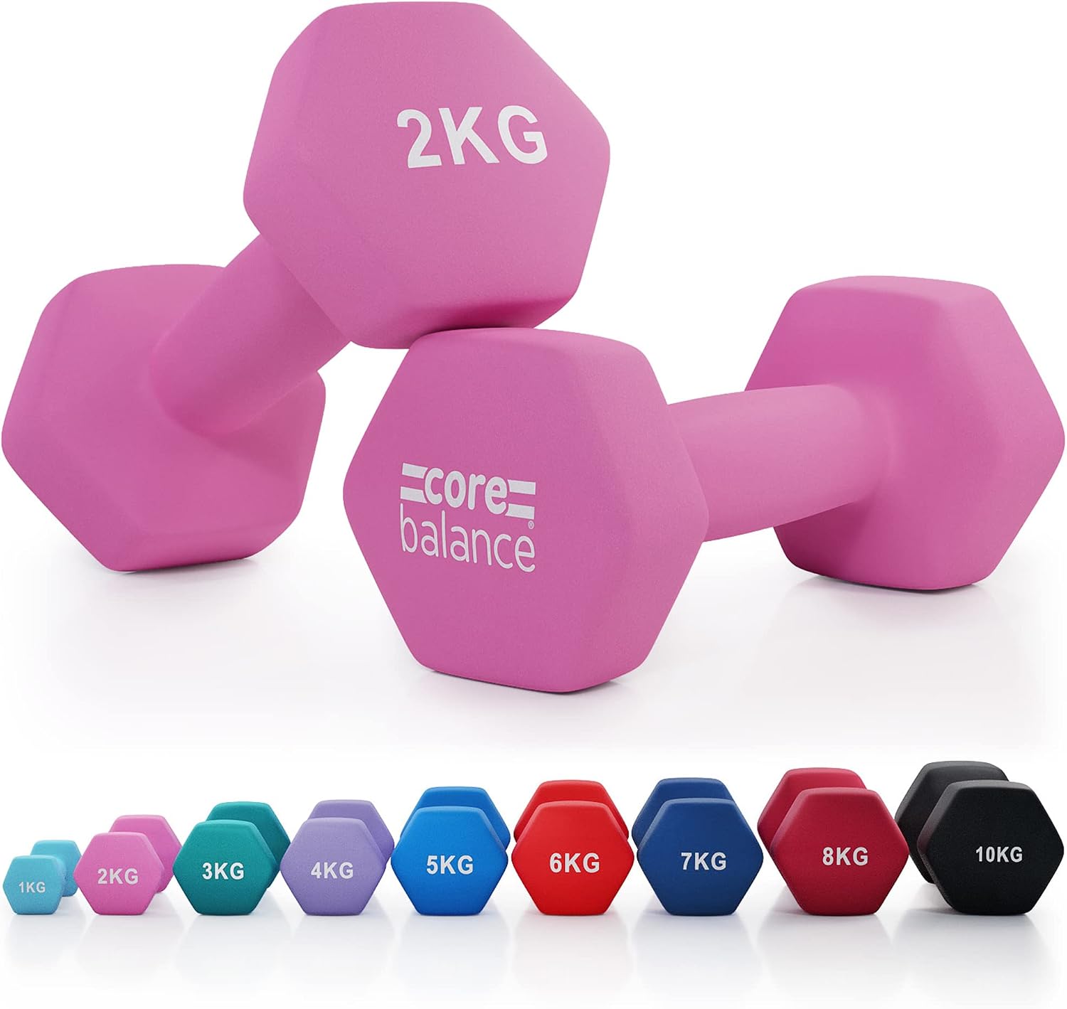 Core Balance Hex Dumbbells, 1kg–10kg Pairs, 12kg & 18kg Sets with Rack