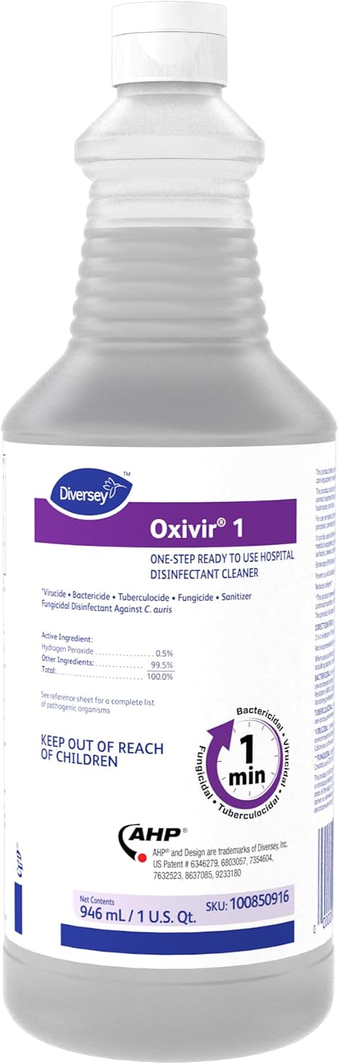 Oxivir Diversey 1 Disinfectant Cleaner, RTU, 32 oz | Hydrogen Peroxide, AHP technology, 1-minute contact time, Sanitizer, Hard Surfaces, No Added Fragrance