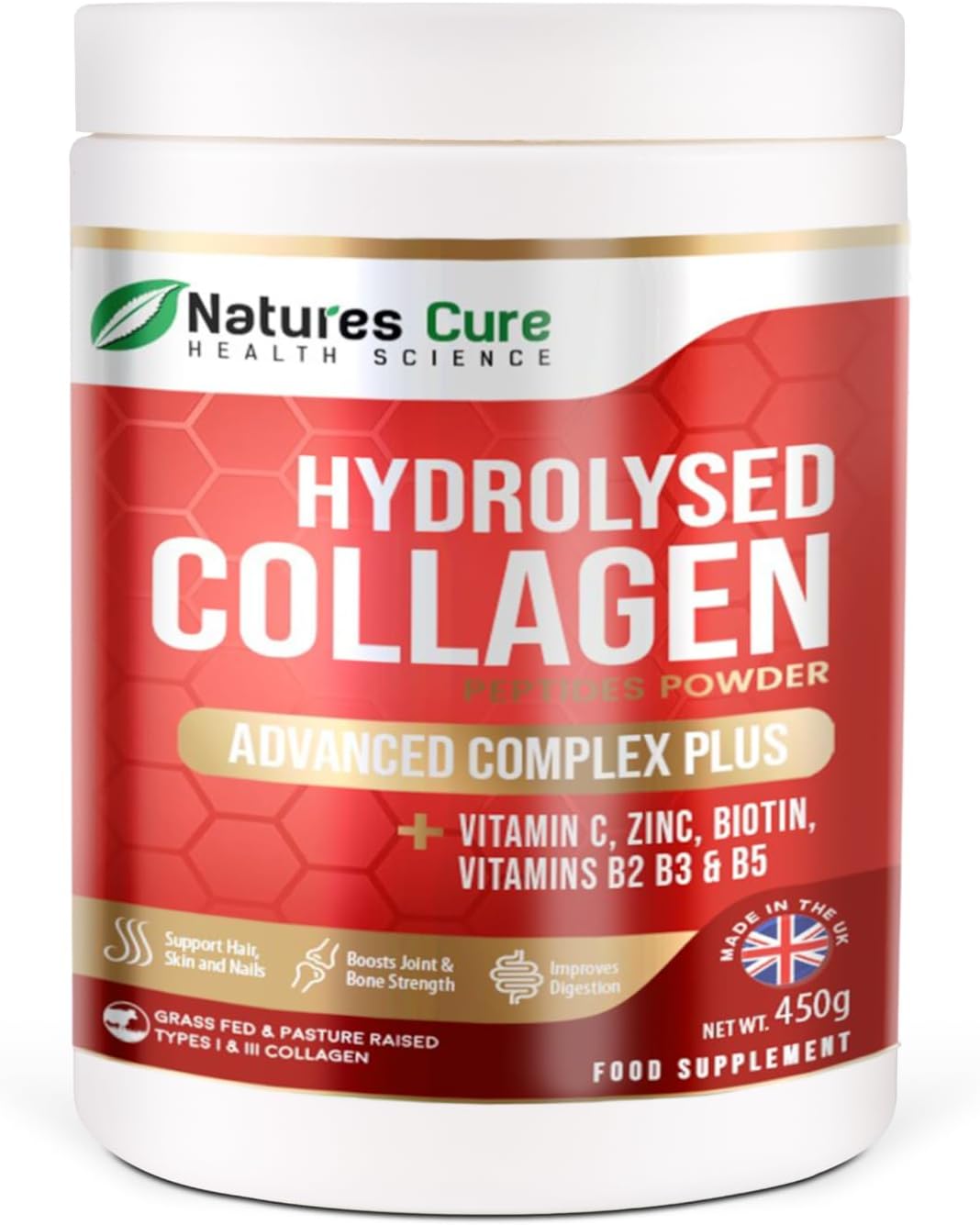 Premium Collagen Powder Complex – Bovine Collagen Peptides 450g- Enriched with Essential B Vitamins, Vitamin C, Zinc & Biotin – Pure Hydrolysed Collagen Supplement – by Natures Cure