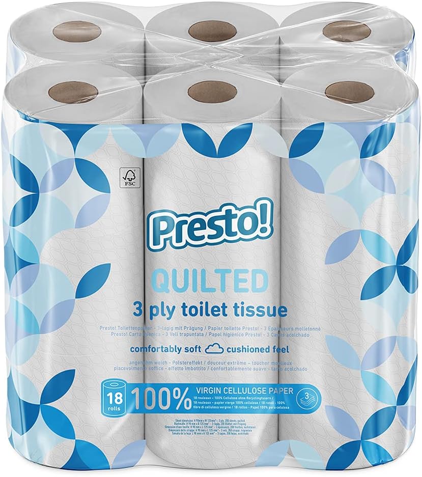 Amazon Brand - Presto! Toilet Roll, 3-ply Quilted, Velvety Soft, Unscented, 18 Rolls (1 Pack of 18), 200 Sheets per Roll, 3600 Count, FSC Certified