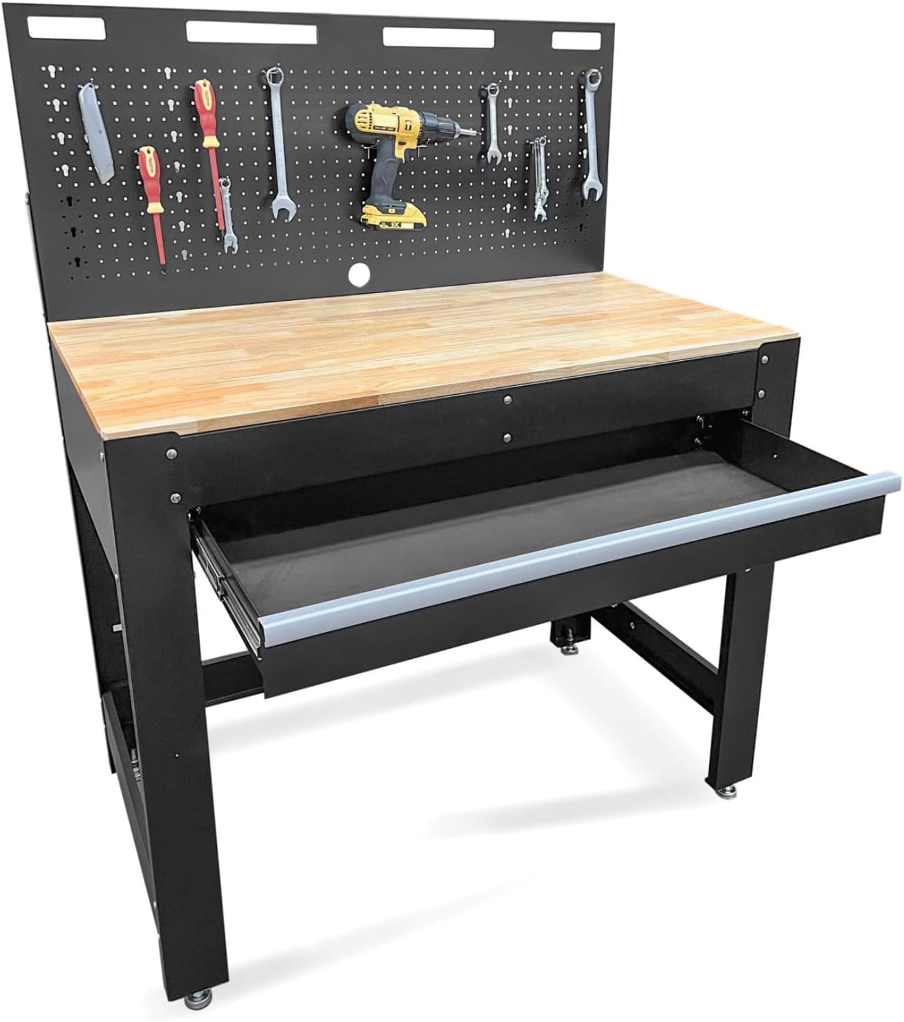 Phoenix Safe Company - TW4501B - Premium Tool Workbench with rubber wood work surface - Suitable for garage work table with heavy duty steel storage drawer - Peg board with 10 pegs - Capacity 300kg