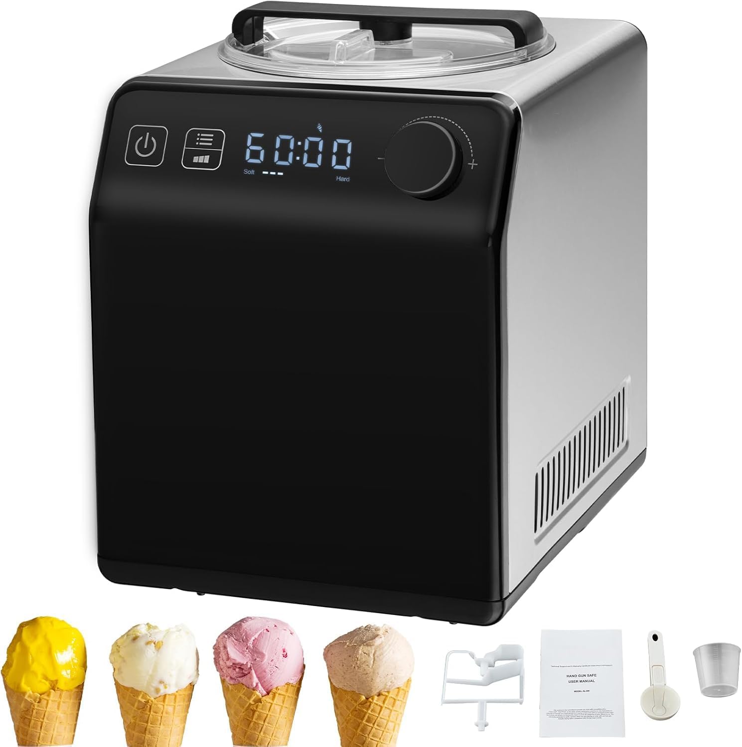 Fully Automated Upright ice cream maker with built-in compressor, 2L for making smoothies and no pre-cooling required, 3 soft and hard adjustments, 4 mode switching,9 functions, frozen dessert maker.