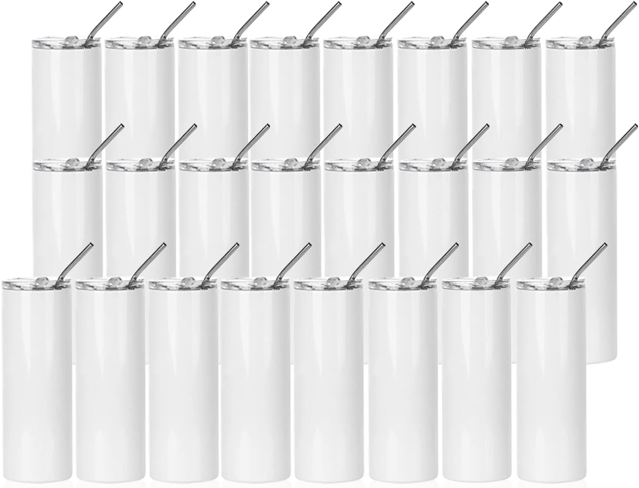 PYD Life 24 Pack Sublimation Tumblers Blanks Skinny 20 OZ White Straight Bulk Stainless Steel Cups with Metal Straw and Lid for Tumbler Heat Press Machine Sublimation Print