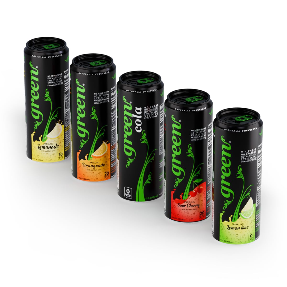 Green Soft Drinks Variety pack – Five different variants with No added Sugar, Naturally Sweetened with 100% Stevia Leaf Extract, Carbonated Soda with real juice – Pack of 6 cans