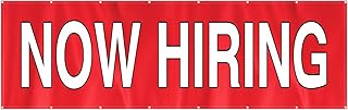 Now Hiring Sign 3 x 10 ft Now Hiring Banner Outdoor Indoor Now Hiring Sign for Business Red and White Satin Fabric Single-sided with Metal Grommets Hiring Signs