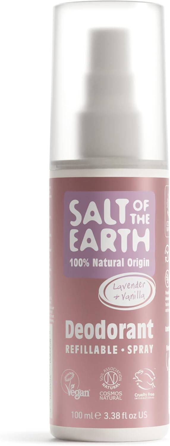Salt of the Earth – Refillable Natural Deodorant Spray – 100% Natural Origin Ingredients - Vegan, Long Lasting Protection – Suitable For Women, Men & Kids - 100ml (Lavender & Vanilla)