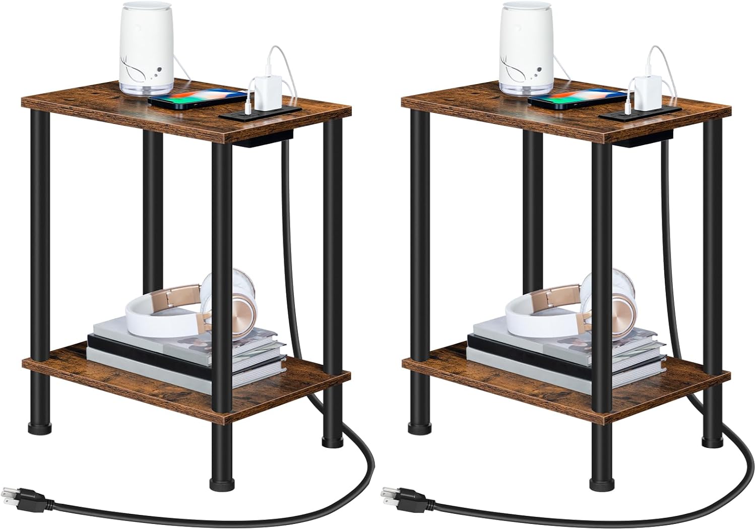 HOOBRO Side Table with Charging Station, Set of 2 End Tables with USB Port and Outlets, Nightstand with 2-Layer Storage Shelves for Small Spaces, Living Room, Bedroom, Rustic Brown BF09UBZP201