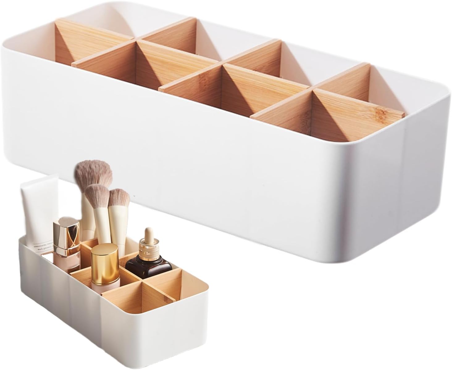 Vernerth Desk Organiser with 8 Compartments – White Bamboo Pen Holder & Stationary Organiser for Office, Home or Bedroom, Multifunctional Desktop Storage Box for Pens, Remotes, Accessories