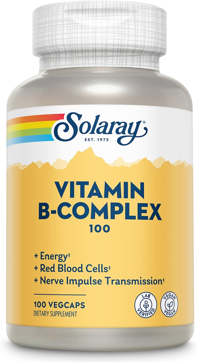 SOLARAY Vitamin B Complex, Healthy Energy Supplement, Red Blood Cell Formation, Nerve & Immune Support, Super B Complex Vitamins with Folic Acid, Vitamin B12, Vitamin B6 & More, Vegan, 100 VegCaps