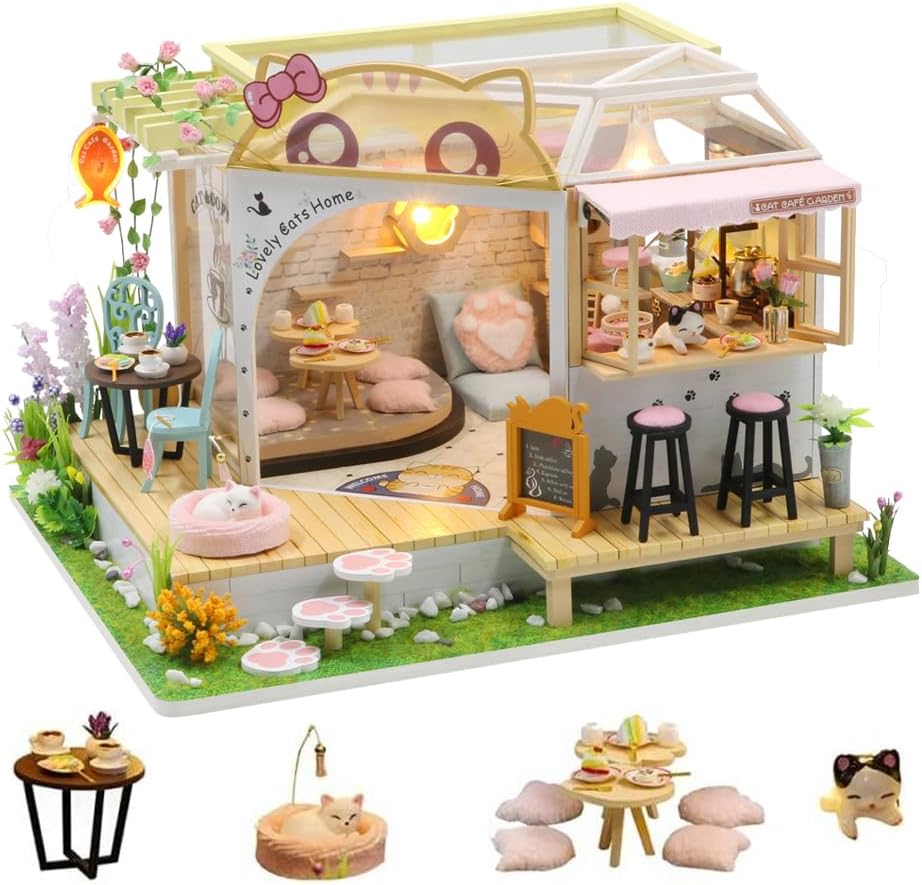 erhumama DIY Cat Cafe Dollhouse Miniature Cat Coffee Shop 3D Model Kits Wooden Dolls House Furniture Lights Accessories Birthday Xmas Gift For Boys Girls (Cafe)