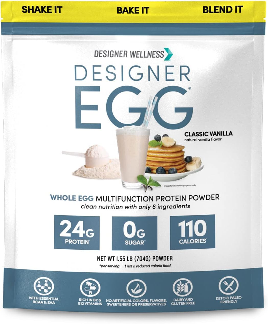 Designer Wellness, Designer Egg, Natural Egg Yolk & Egg White Protein Powder, Keto and Paleo Friendly, Low Calorie, Less Fat and Cholesterol, Classic Vanilla, 1.55 Pound