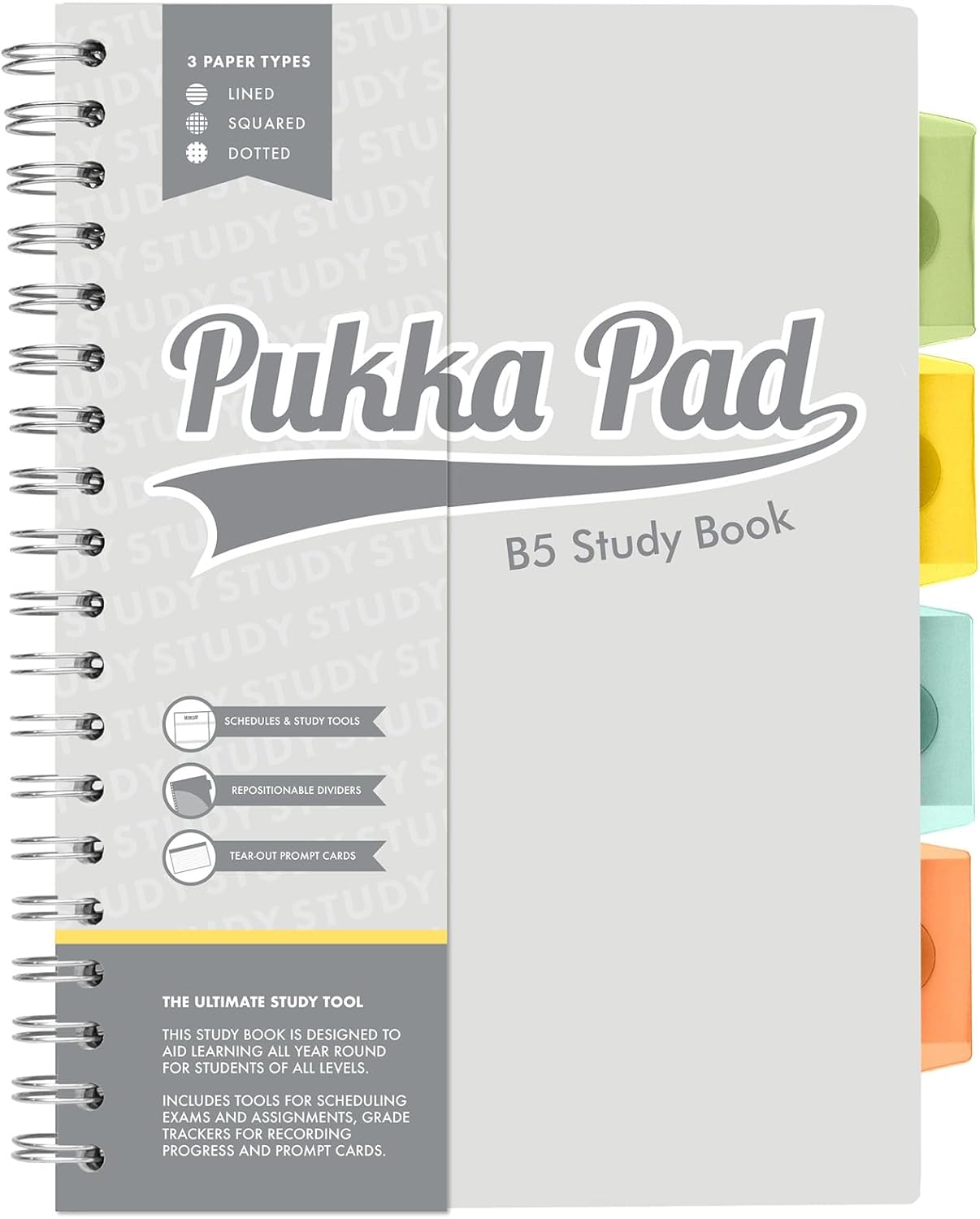 Pukka Pad, B5 Study Book - 120 Page, 60 Sheet B5 Notebook - Repositionable Dividers, Lined, Squared, & Dotted Paper, Schedules, Assignment & Grade Trackers, Exam Prep, and Revision Cards, 10 x 7 inches