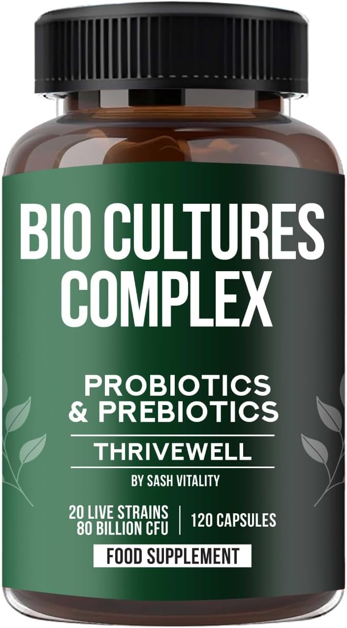 Bio Cultures Complex | Probiotics & Prebiotics | 80 Billion CFU | 20 Strains incl. Lactobacillus Reuteri, Rhamnosus, Acidophilus, and Longum | 2 Months Supply | 120 Vegan Capsules | UK Made