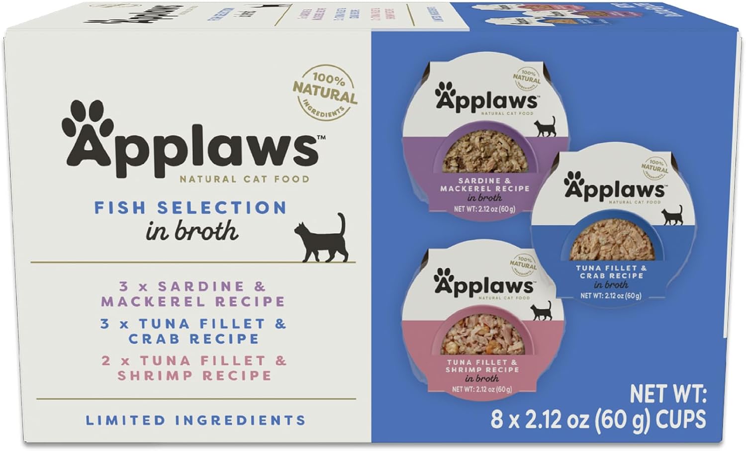 Applaws Natural Wet Cat Food, 8 Count, Limited Ingredient Cat Food Pots, Fish Variety Count in Broth, 2.12oz Pots