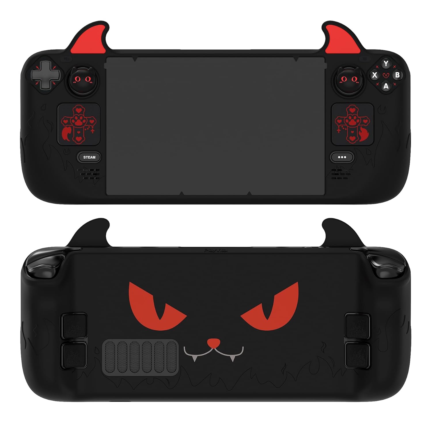 PlayVital Cute Demon Protective Case for Steam Deck LCD & OLED, Kawaii Anti-Slip Protector for Steam Deck OLED with Thumb Grip Caps & Trackpads Stickers & Back Button Enhancement Set - Black