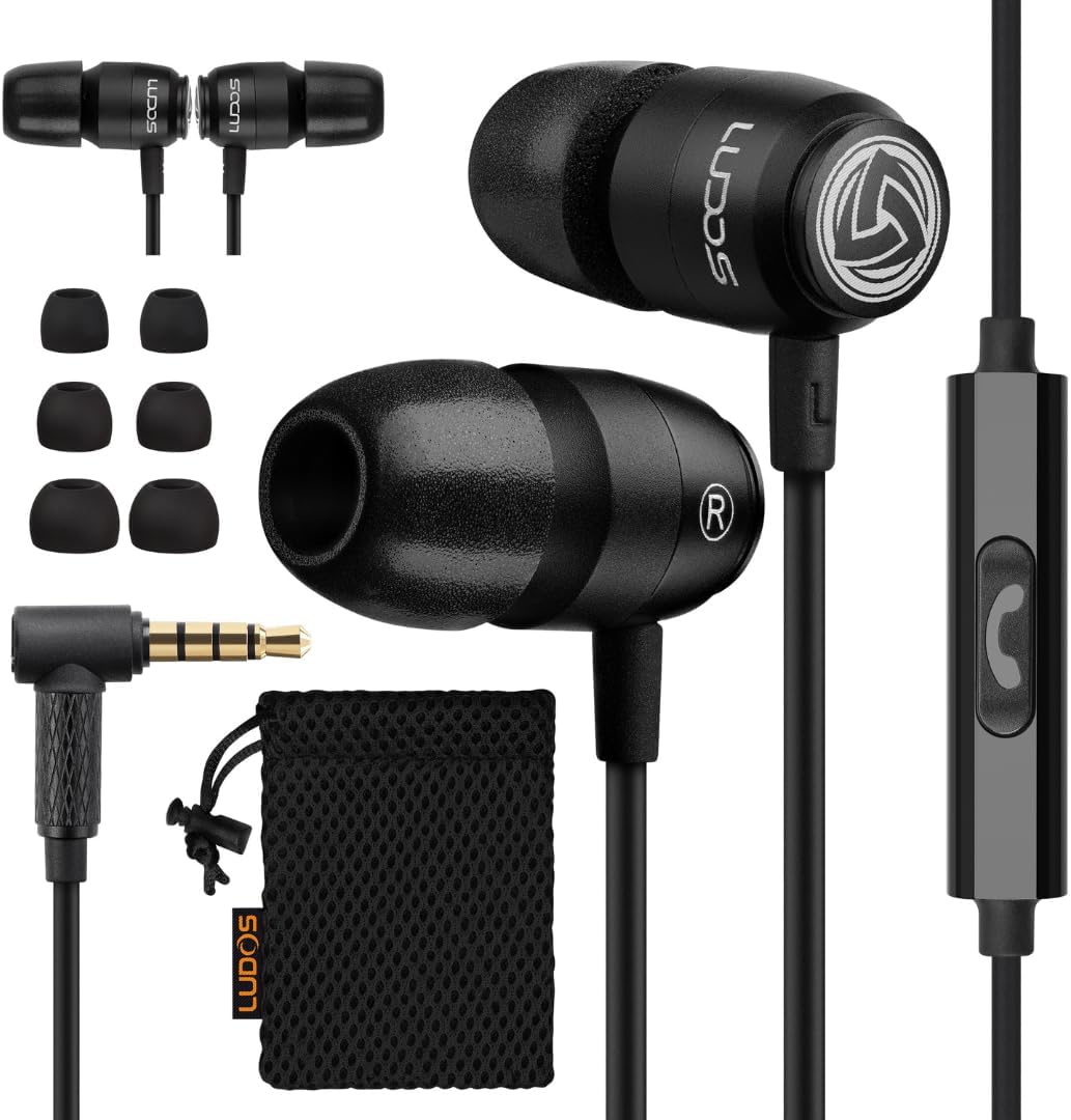 LUDOS Clamor 2 PRO Wired Earbuds in-Ear Headphones, 5 Years Warranty, Earphones with Microphone, Noise Isolating Ear Buds, Memory Foam for iPhone, Samsung, School Students, Kids, Women, Small Ears