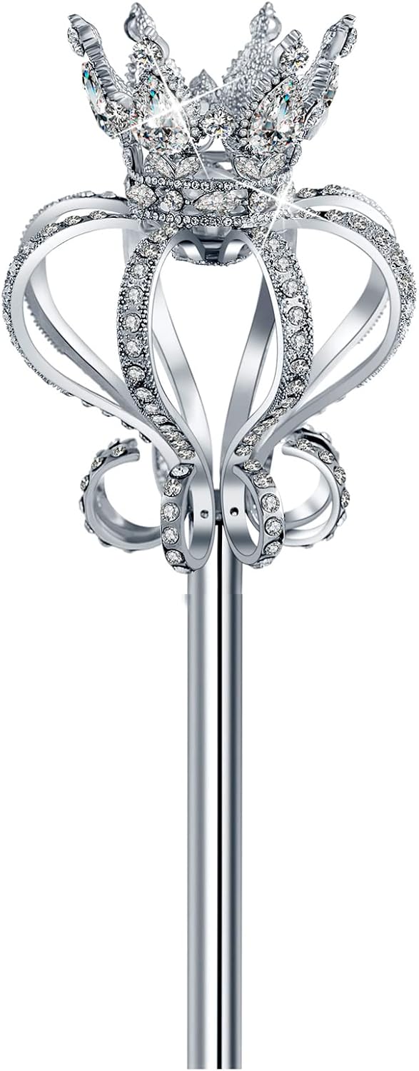 BuLuBuLu Costume Wands Queen King Scepter Rhinestone Fairy Princess Wand Role Play Props for Party Wedding Dress-up Costume(Silver)