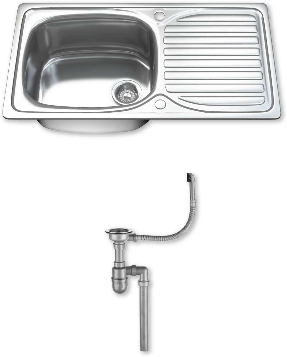 Dihl 1004 Kitchen Sink with Drainer, Single Bowl 1.0, Rectangle, 304 Stainless Steel, Silver, 80 x 44 cm, Inset, Includes Full Waste Kit and fixings