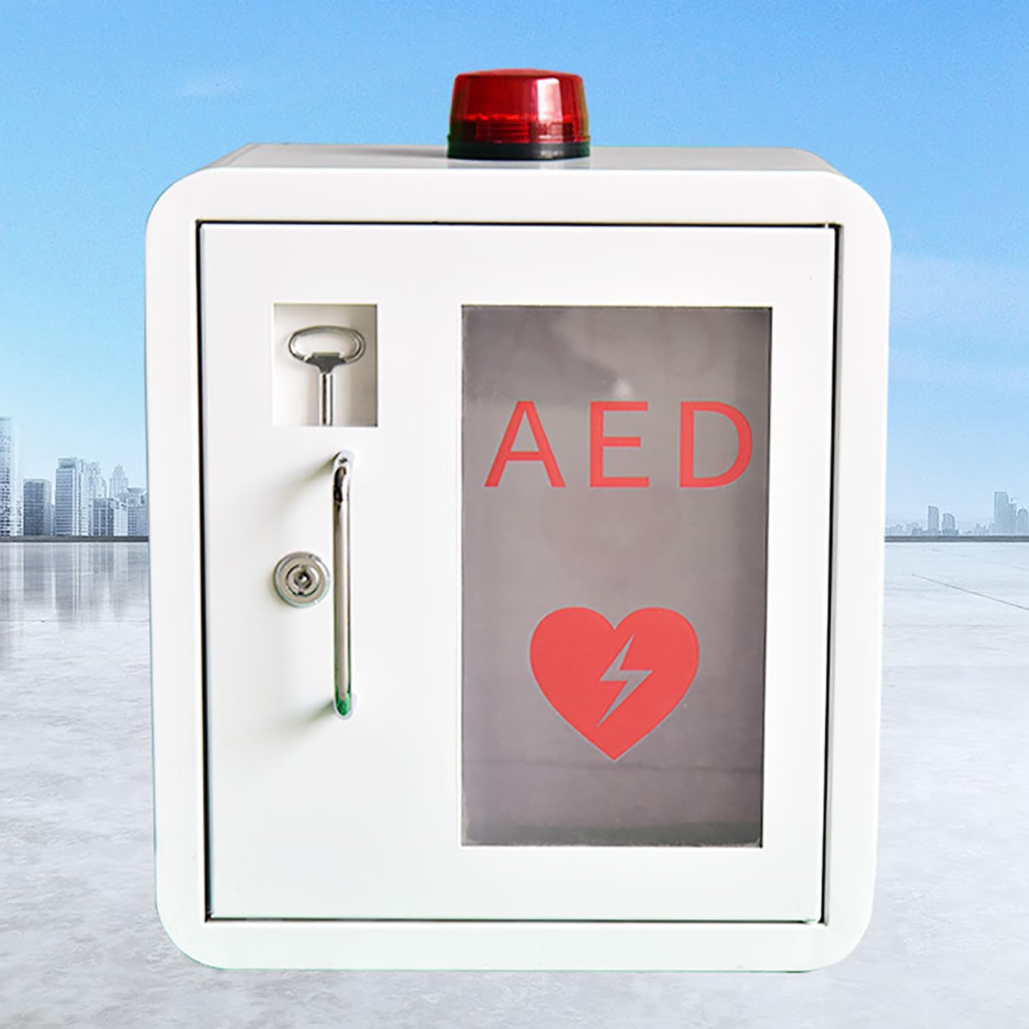 AED Defibrillator Storage Cabinet with Key, Wall-mounted Steel First Aid Box for Home, Nursing, Bus, Public Places - Fits Most AED Models, Defibrillation Alarm