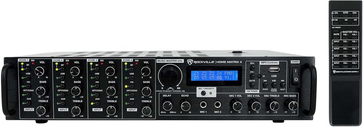 Rockville Home Matrix 4 600W Multi Room Receiver/Amplifier, 8-Channel (4 Zones), Bluetooth, USB, Optical, Coaxial, RCA, Mic Inputs