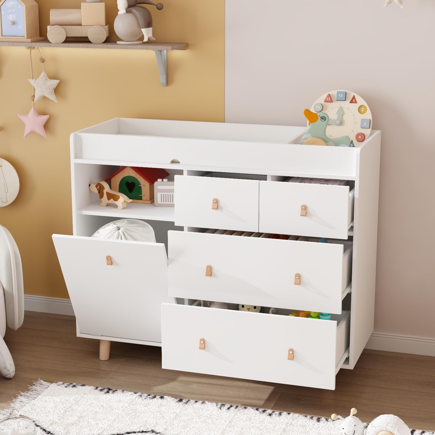 Baby Changing Table Dresser with 5 Drawers, Baby Nursery Dresser with Tilt Out Laundry Basket, Infant Changing Station Organizer for Nursery and Bedroom, White (45" W x 18" D x 37" H)