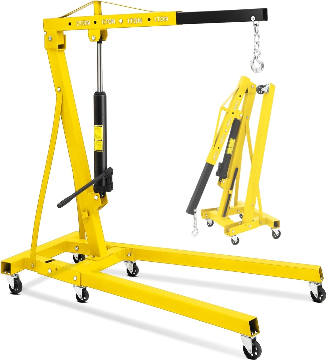 Folding Hydraulic Engine Hoist 2 Ton, Cherry Picker Shop Crane with 6 Casters and Telescopic Boom, 4400 Lbs Capacity Heavy Duty Engine Hoist Crane Lift for Garage, Workshop, Automotive Repair, Yellow