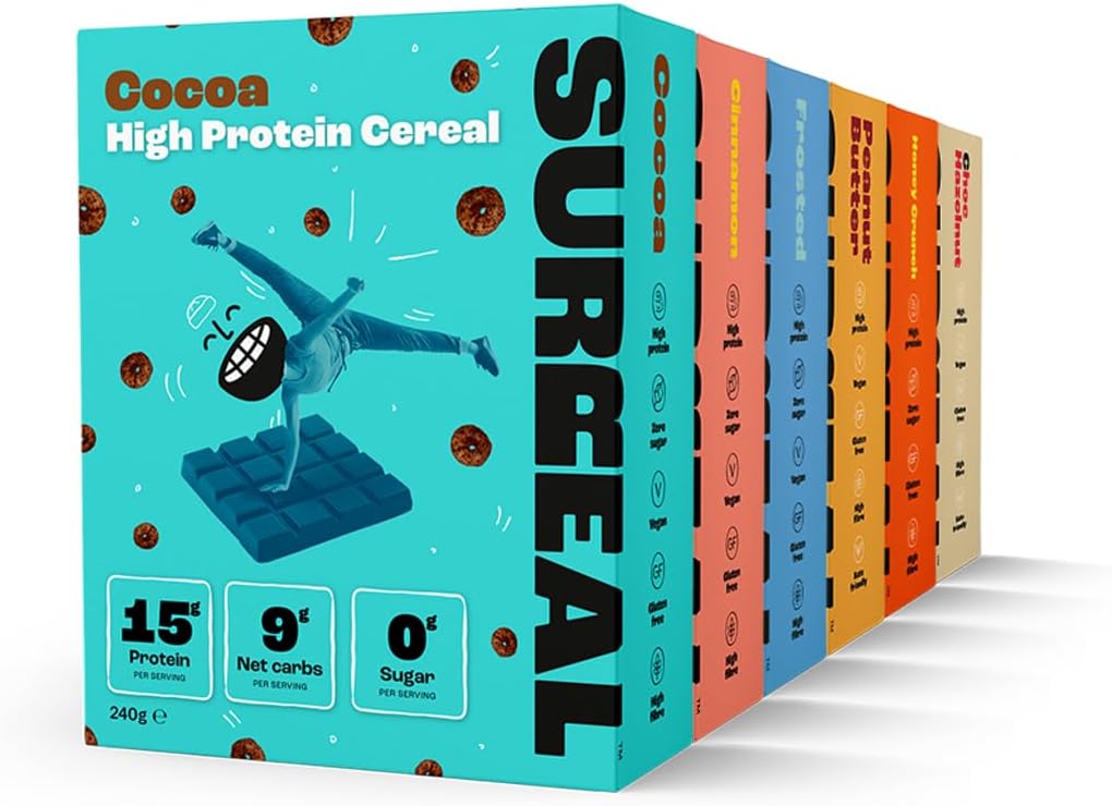 Surreal Mega Bundle - High Protein Cereal – Zero Sugar – Healthy Plant-Based Cereal - High in Fibre - Low Carb – Gluten Free - Vegan - 13g-14g of Protein, 0g of Sugar - 240g per box, 6 Pack (1 x each)