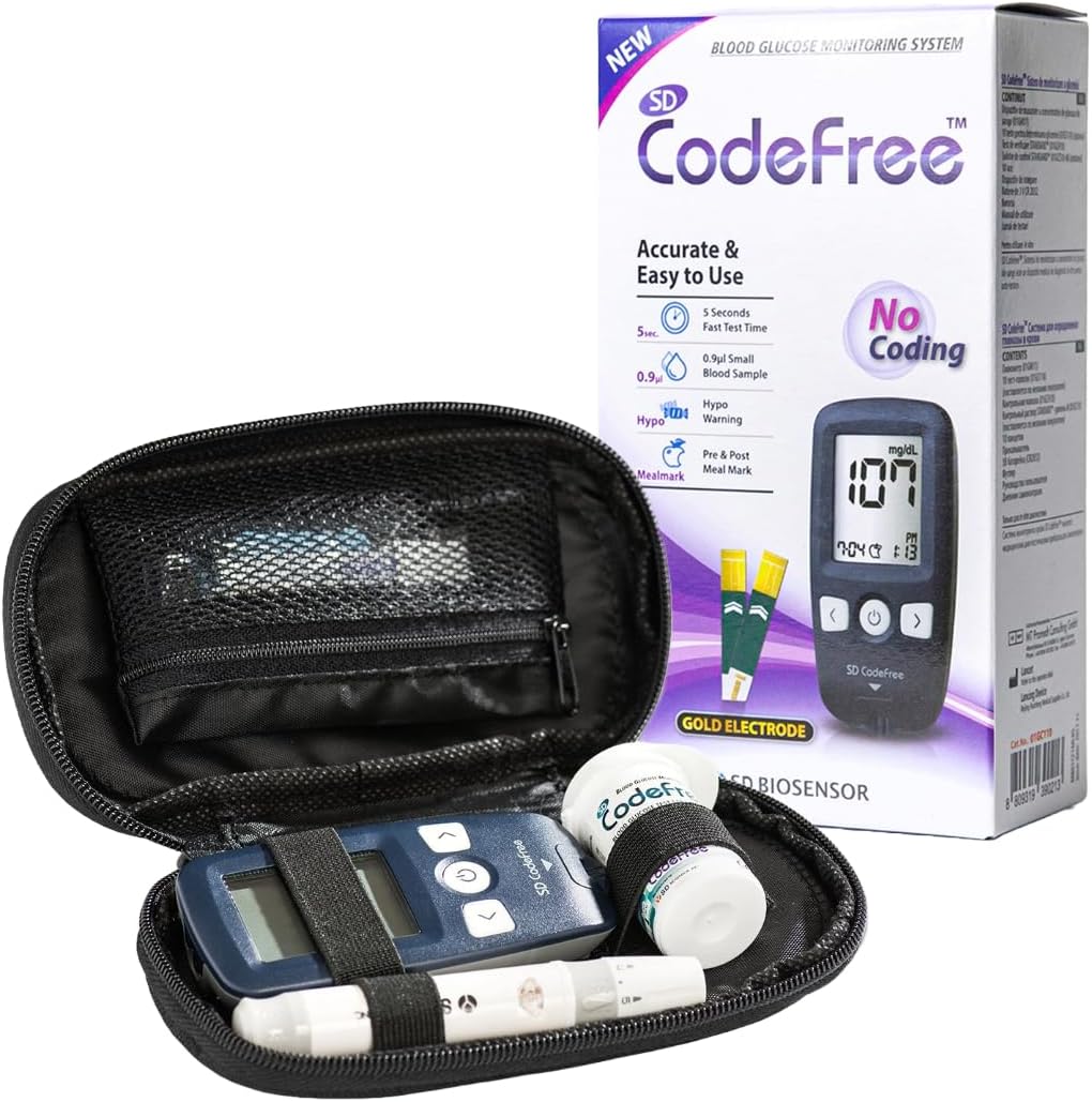 Codefree Blood Glucose Monitor | Diabetes Monitoring Meter Tester | Blood Sugar Testing Kit with Strips, Lancets, Case - in mmol/L