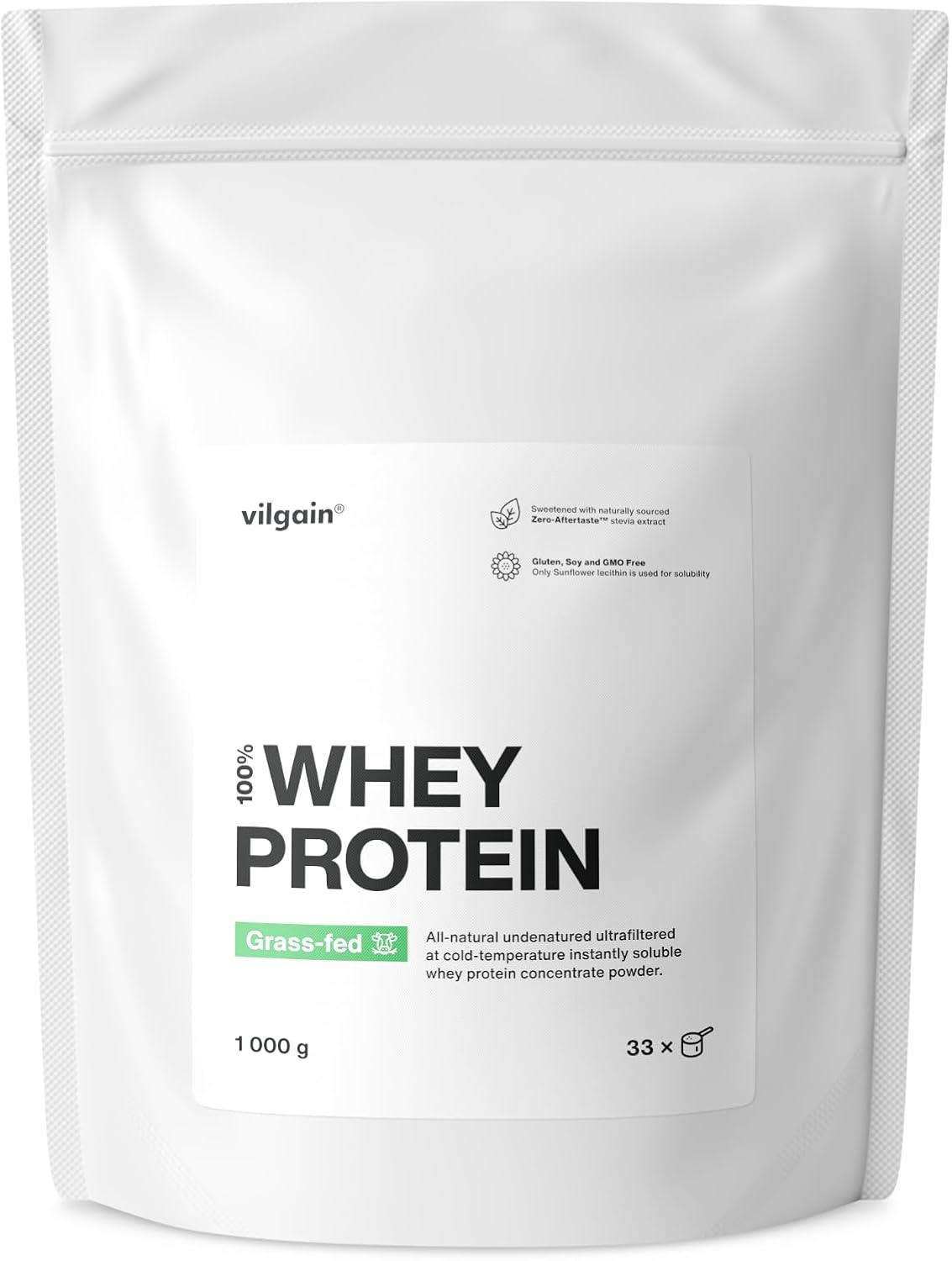 Vilgain® Whey Protein Powder, Grass Fed | 100% Pure Whey Protein Powder | Fast Muscle Recovery and Building | Natural Taste | Premium Quality Powder (1000g, Unflavoured)